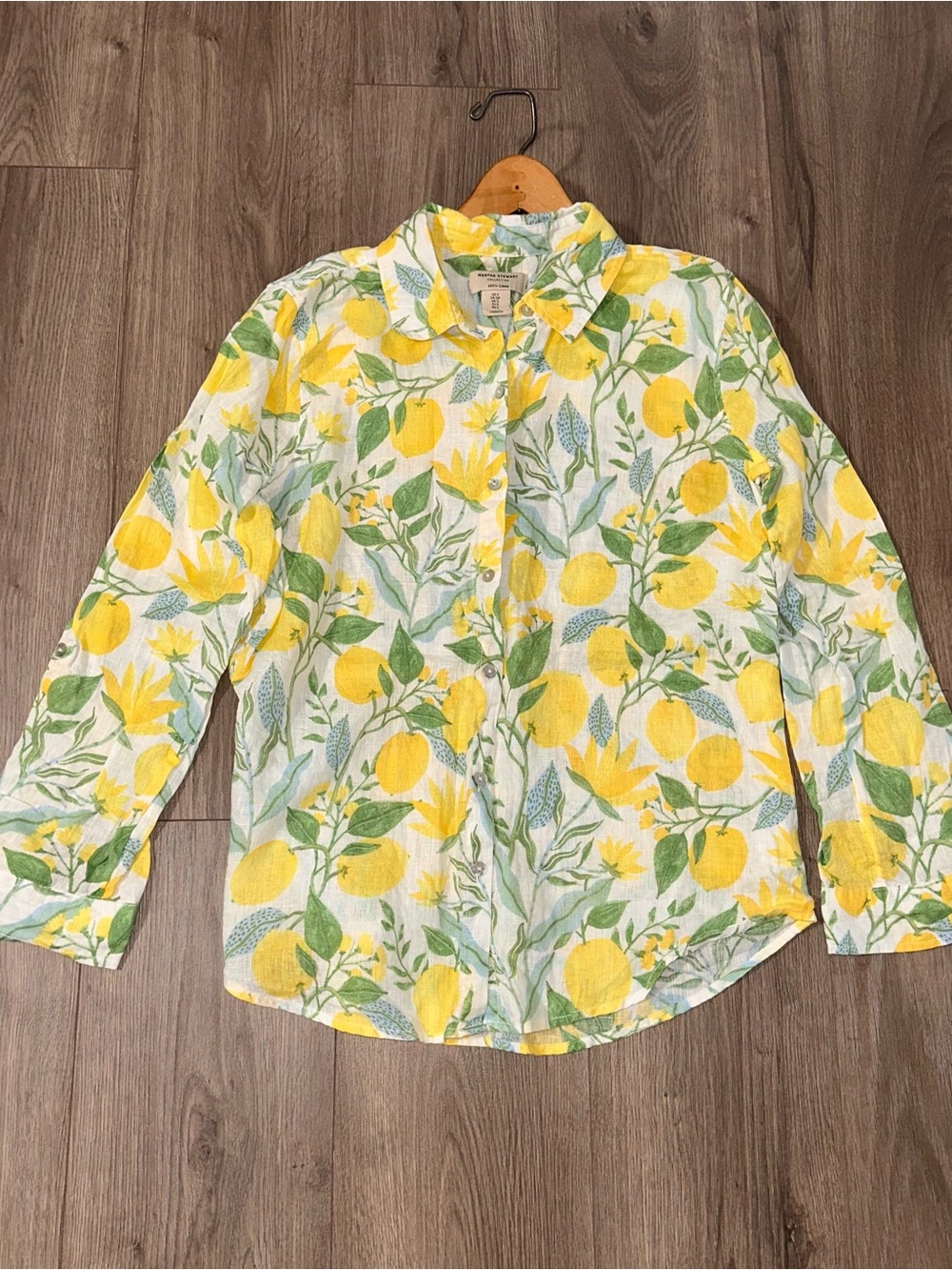Martha Stewart Shirt Linen Yellow & Green Lemon-Print Button-Down Shirt